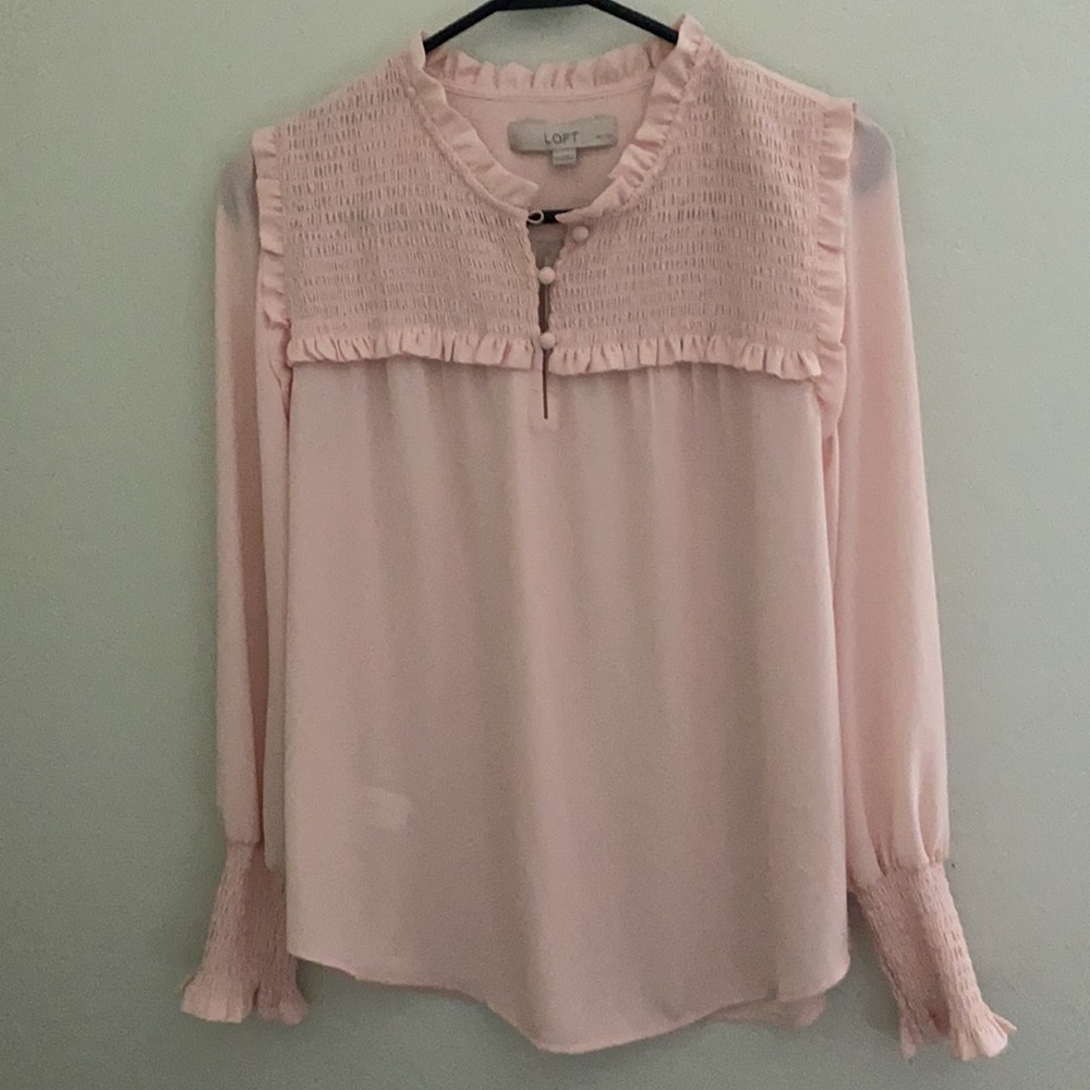 Loft smocked yoke ruffle blouse pink